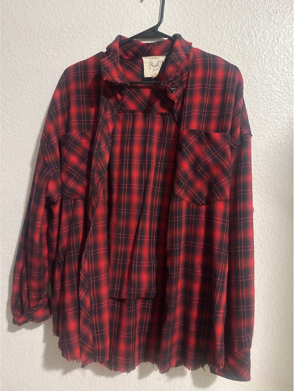 Red and Black Plaid Rock & Roll Shirt with Grey Patch Back, Medium, Distressed,